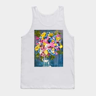 Bright Flowers on Blue,  floral pillows, tote bag, pouch, handbag, pink, blue, yellow, bright modern flowers, abstract floral decor Tank Top